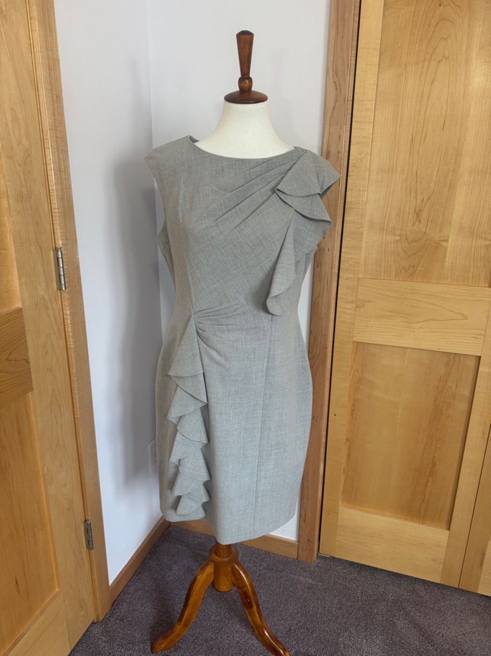 Calvin Klein Steel Gray Ruffle Midi Sheath Dress